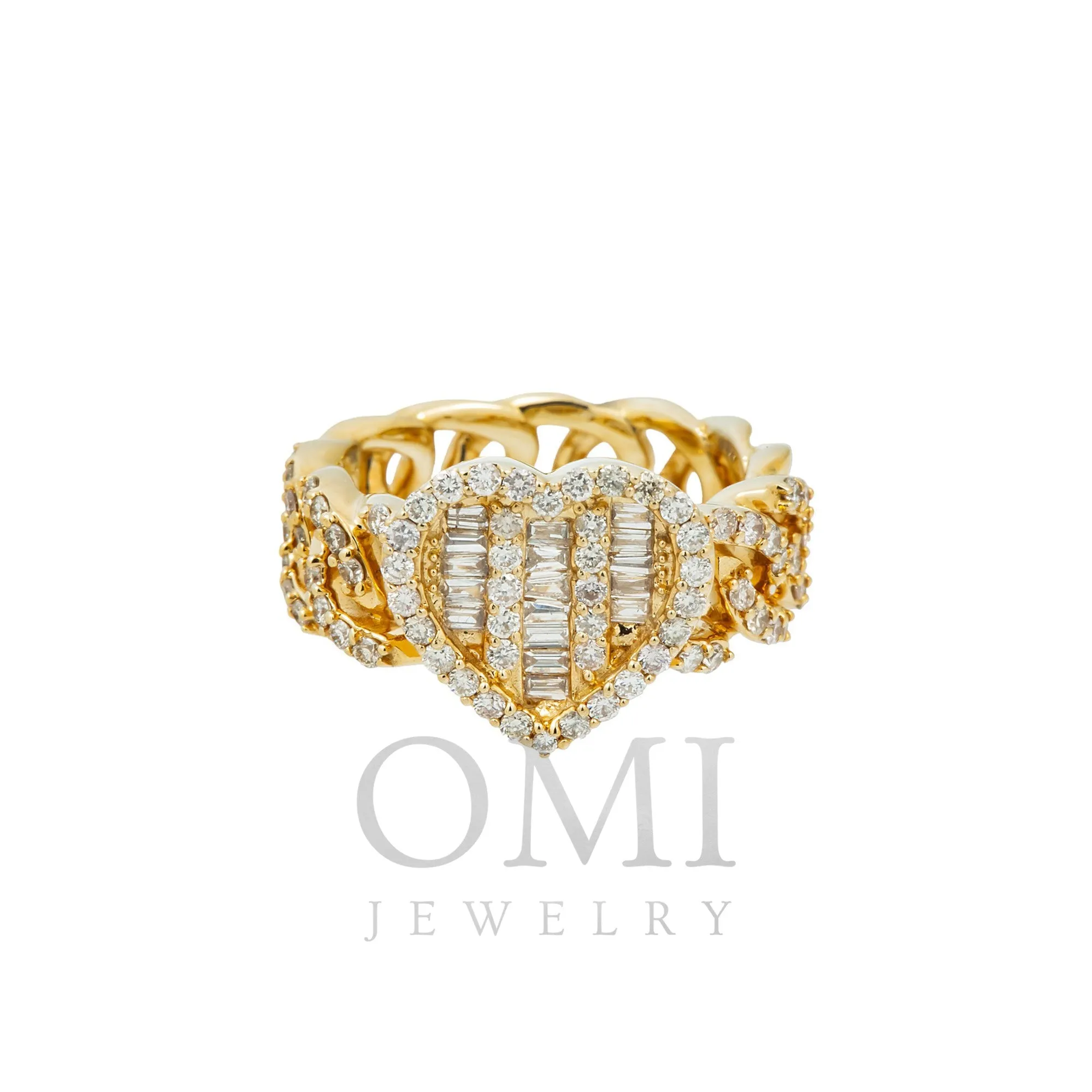 10K GOLD BAGUETTE AND ROUND DIAMOND HEART OPEN CUBAN LINK RING 1.25 CT