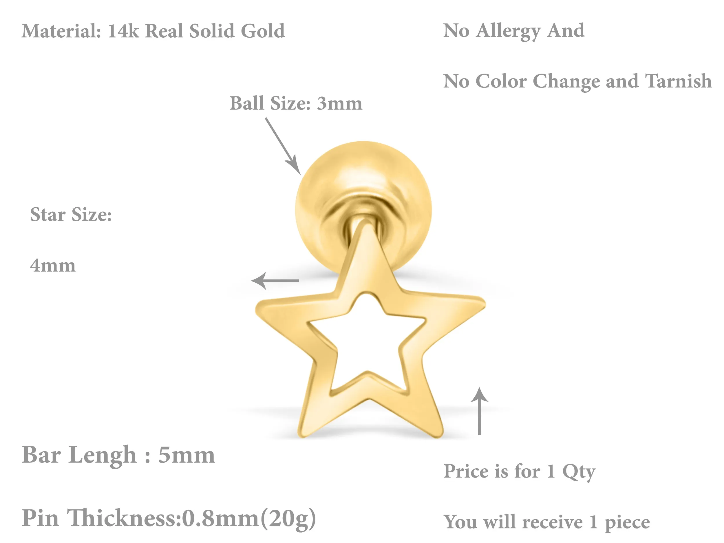 14k Gold Star Barbell Ear Stud Piercing