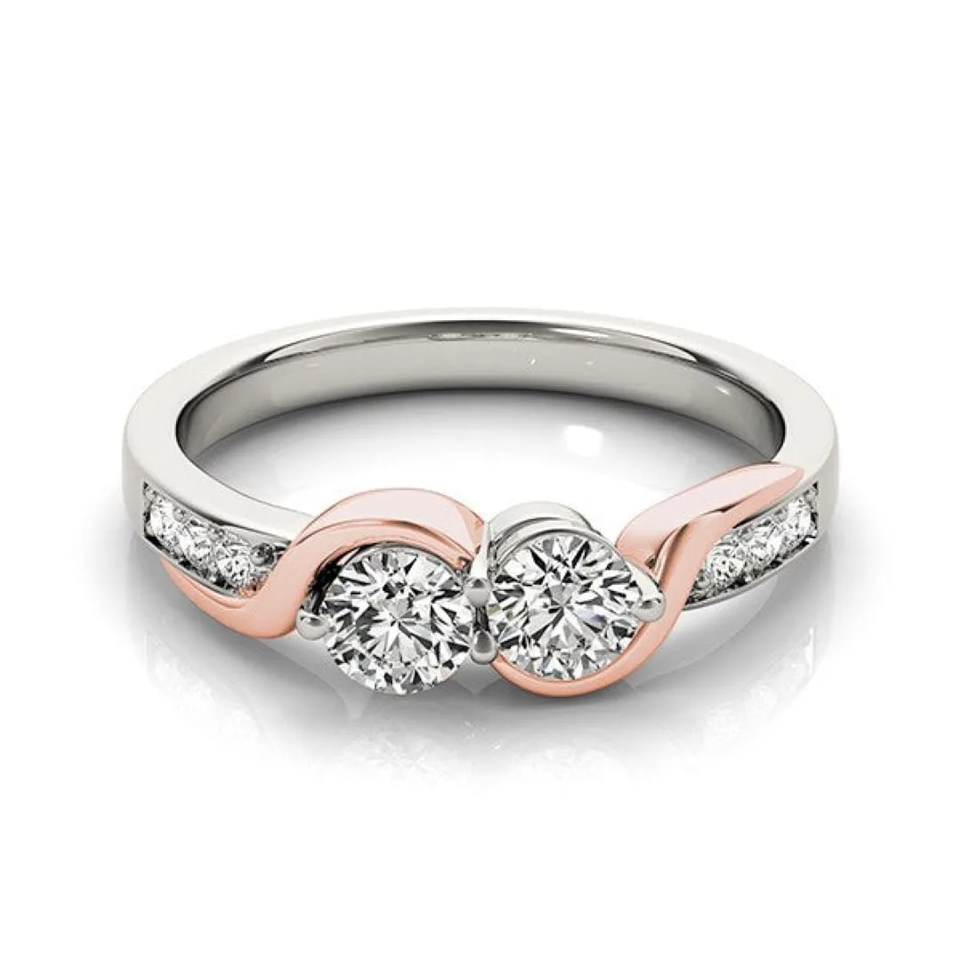 14k White And Rose Gold Round Two Diamond Curved Band Ring (5/8 cttw)