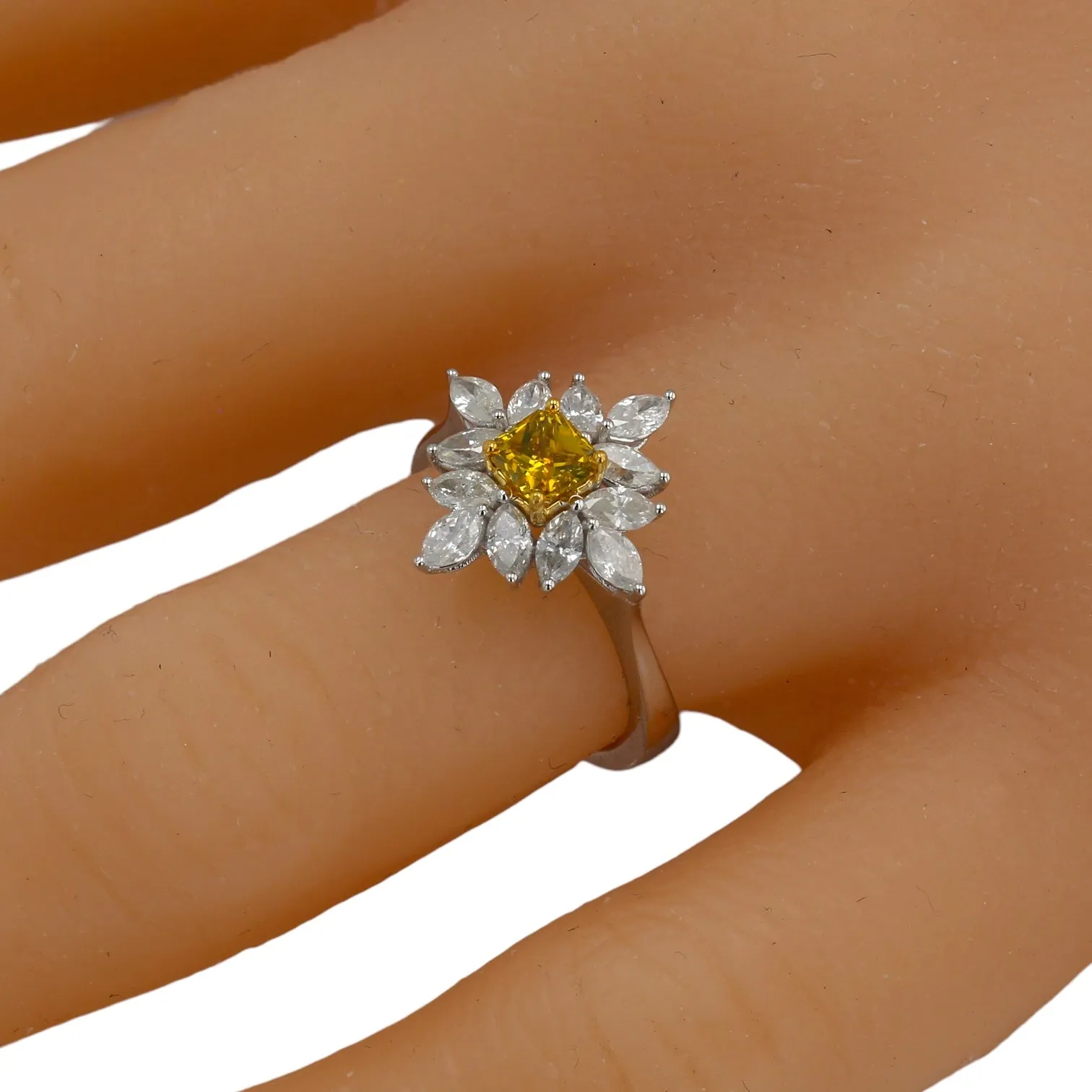 14K White gold floral yellow diamond and marquis diamonds ring-6750