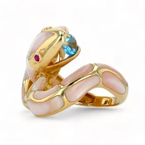 14K Yellow gold two tone mother pearl blue aquamarine and ruby decoration fancy cobra ring