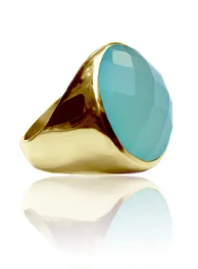 18K Gold Plated Medium Faceted Circle Cocktail Ring Aqua Chalcedony