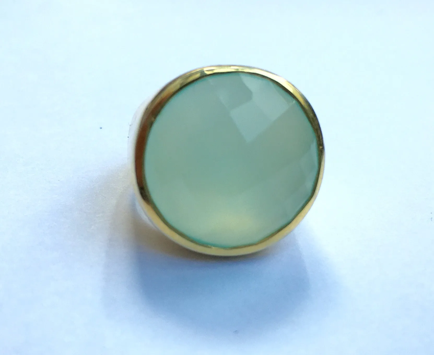 18K Gold Plated Medium Faceted Circle Cocktail Ring Aqua Chalcedony