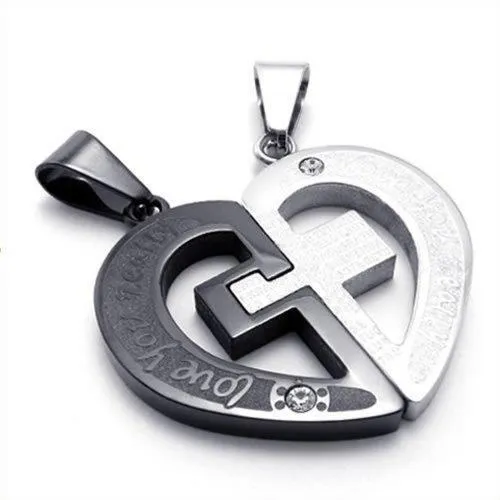 2pcs Men Women Couples Heart Cross Stainless Steel Pendant Love Necklace