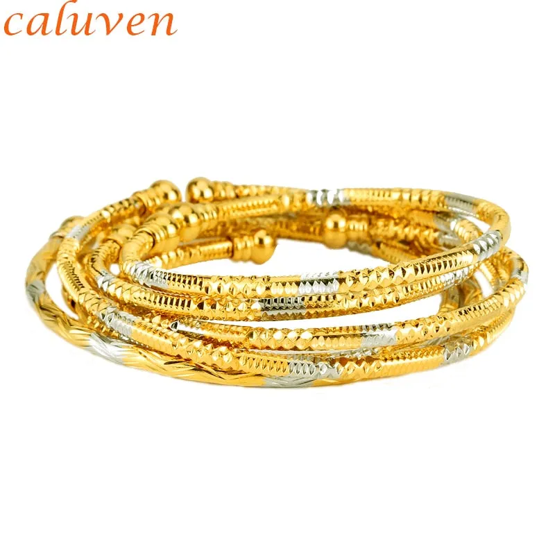 6pcs New Gold Africa Jewelry Ethiopian Two-Tones Ball Color Bangle&Bracelet Dubai Bangles for Women Wedding Gifts