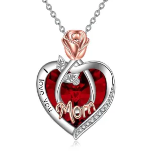 925 Sterling Silver Crystal Jewelry I Love You Mom Necklace Rose Flower Love Heart Pendant Necklace for Women