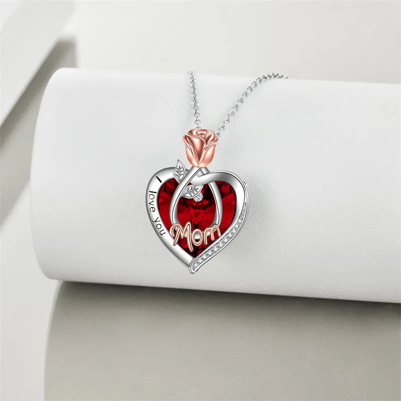 925 Sterling Silver Crystal Jewelry I Love You Mom Necklace Rose Flower Love Heart Pendant Necklace for Women