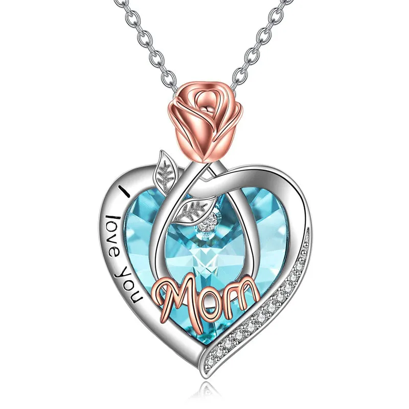 925 Sterling Silver Crystal Jewelry I Love You Mom Necklace Rose Flower Love Heart Pendant Necklace for Women