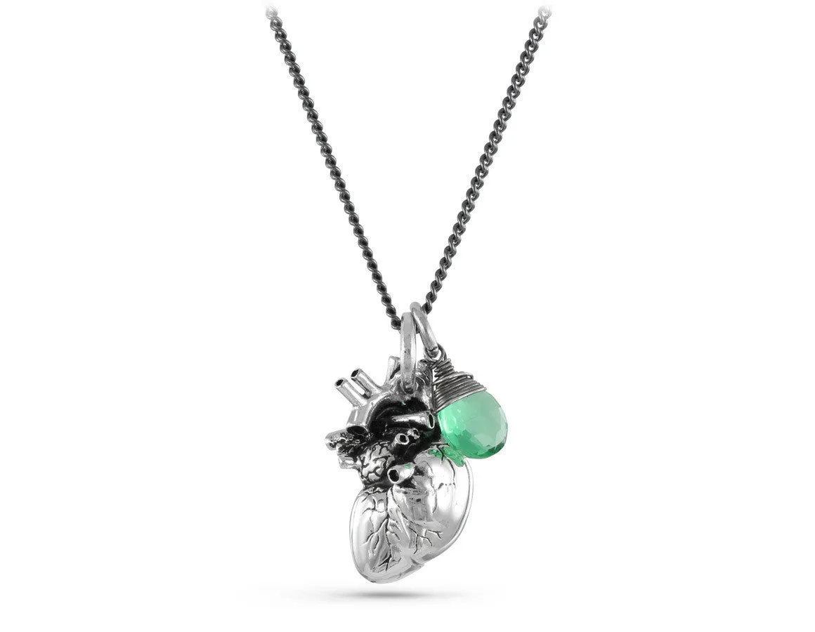 Anatomical Heart Necklace with Aquamarine - Silver