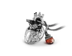 Optimized: Silver Anatomical Heart Necklace with Garnet Gemstone