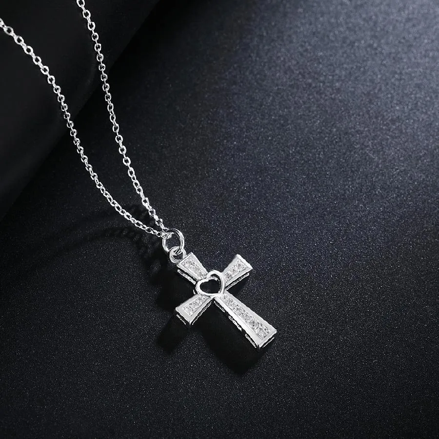 Bejeweled Hollow Heart Cross Pendant and Chain Necklace