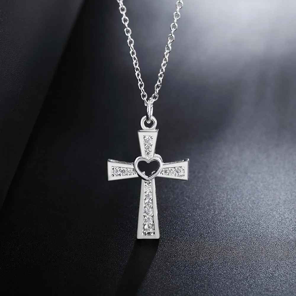 Bejeweled Hollow Heart Cross Pendant and Chain Necklace