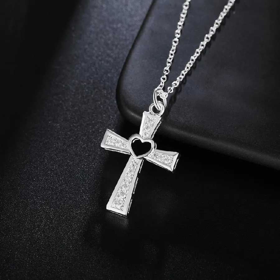 Bejeweled Hollow Heart Cross Pendant and Chain Necklace