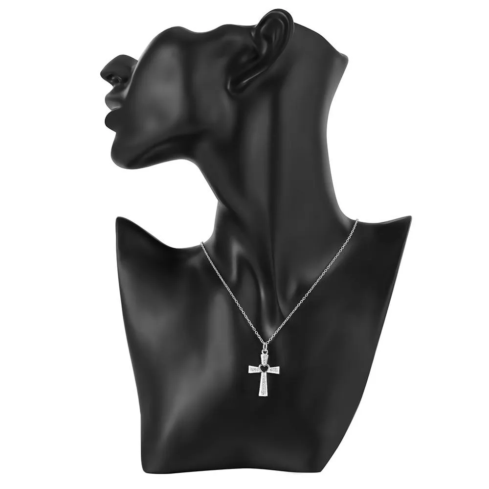 Bejeweled Hollow Heart Cross Pendant and Chain Necklace