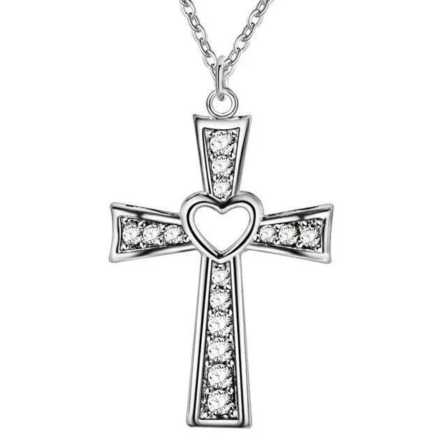 Bejeweled Hollow Heart Cross Pendant and Chain Necklace