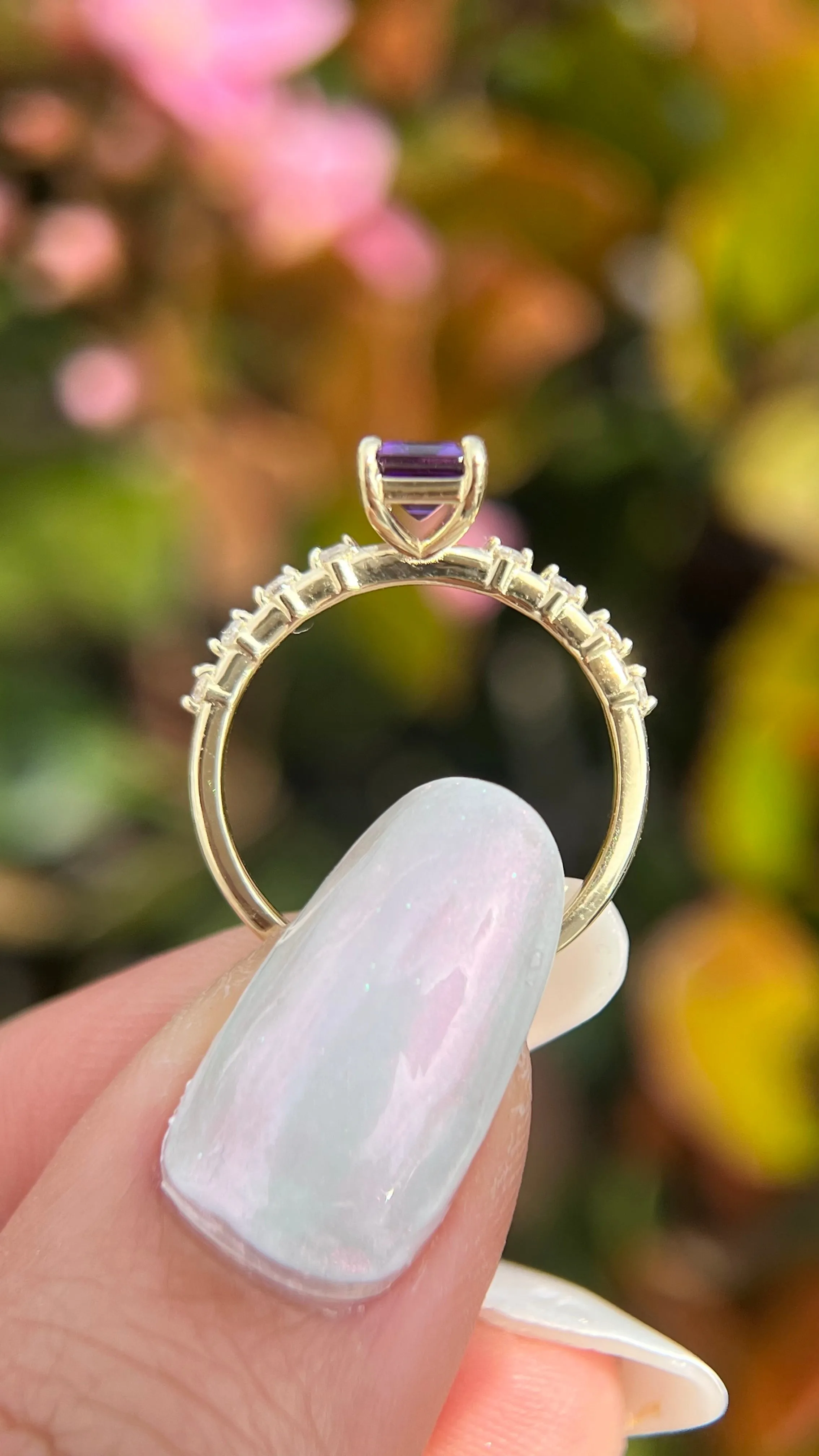 Bella 7x5mm 0.75ct Emerald Cut Amethyst Spaced Diamond Ring 14K Gold DFR017