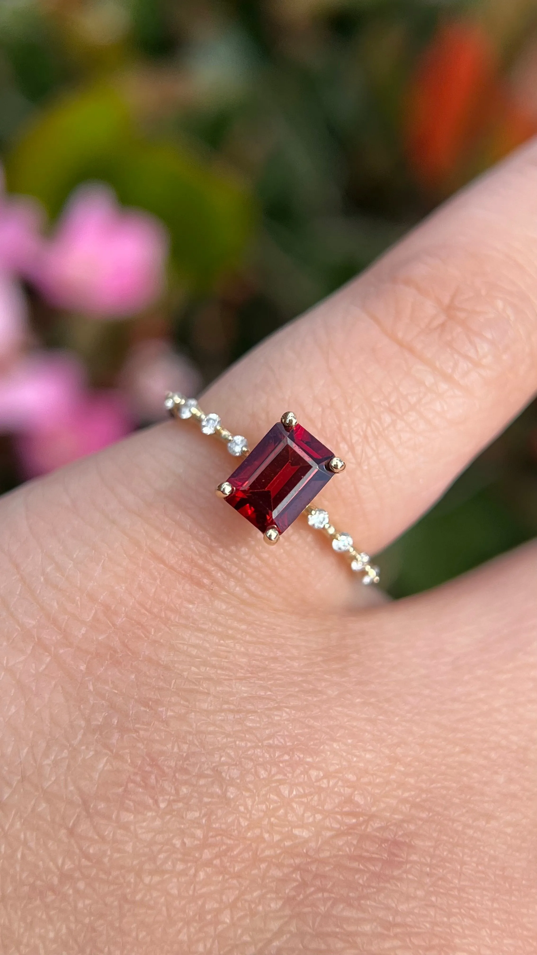 Bella 7x5mm 1.20ct Emerald Cut Garnet Spaced Diamond Ring 14K Gold DFR049