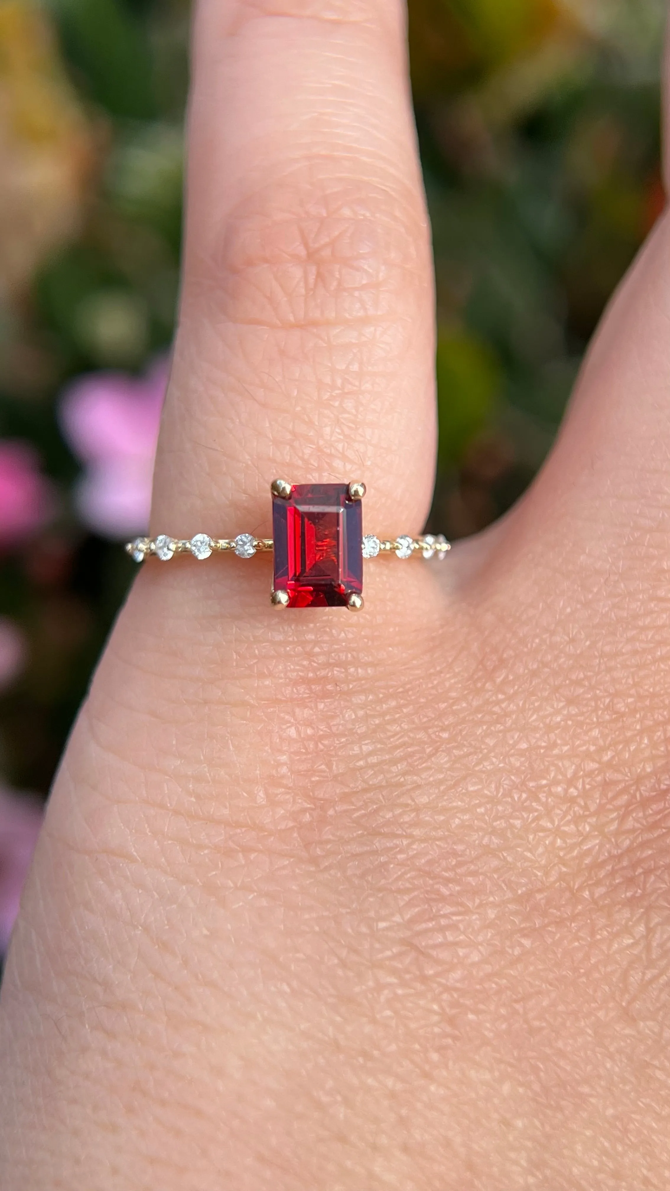 Bella 7x5mm 1.20ct Emerald Cut Garnet Spaced Diamond Ring 14K Gold DFR049