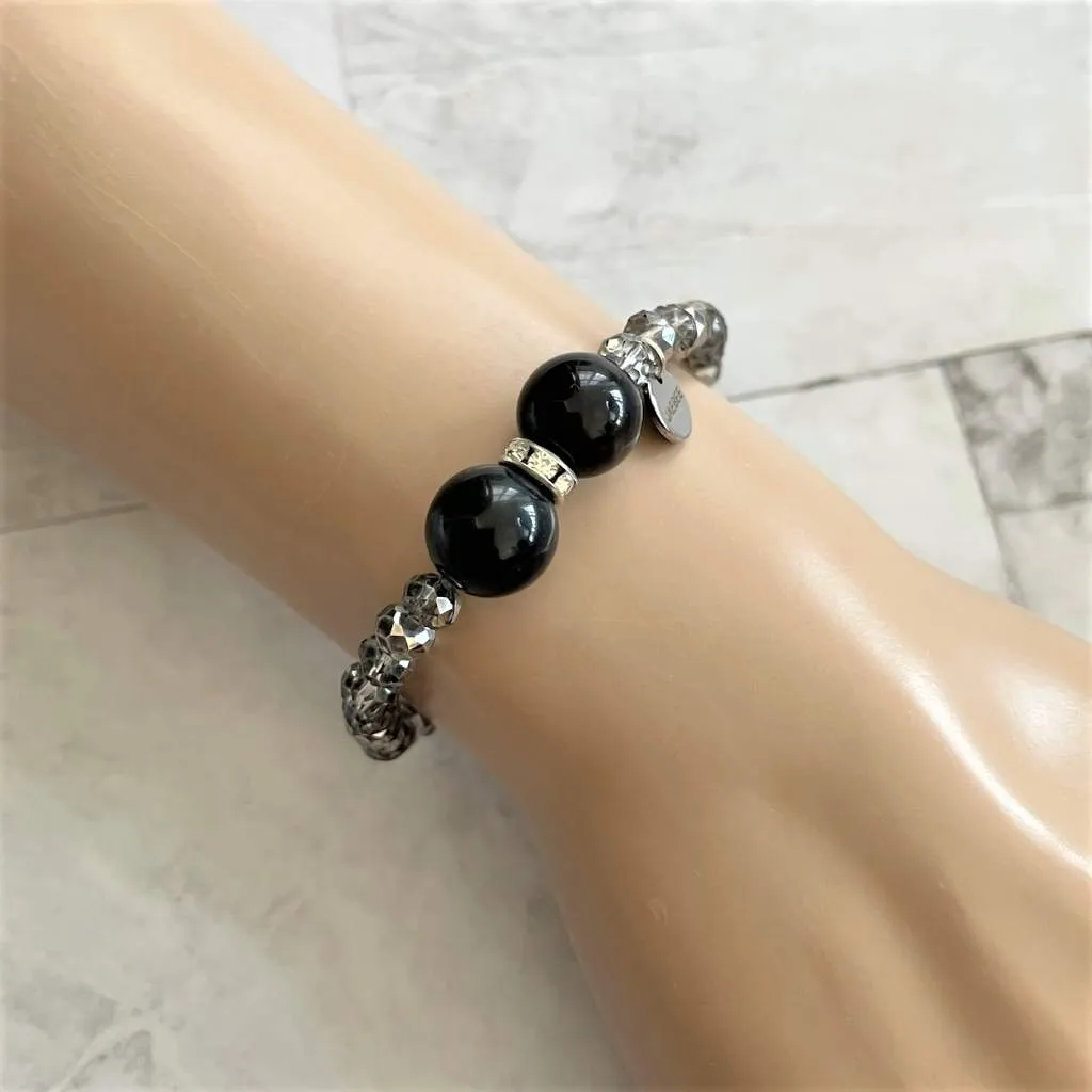 Black Agate and Metallic Hematite Beaded Bracelet