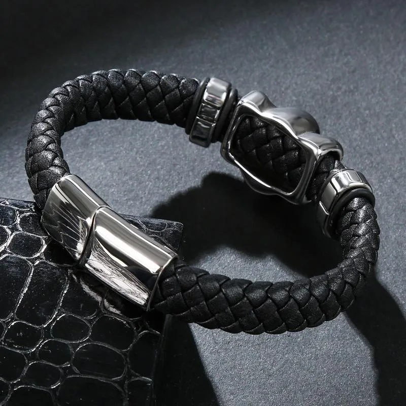 Black Braided Leather Stainless Steel Gothic Skull Bracelet