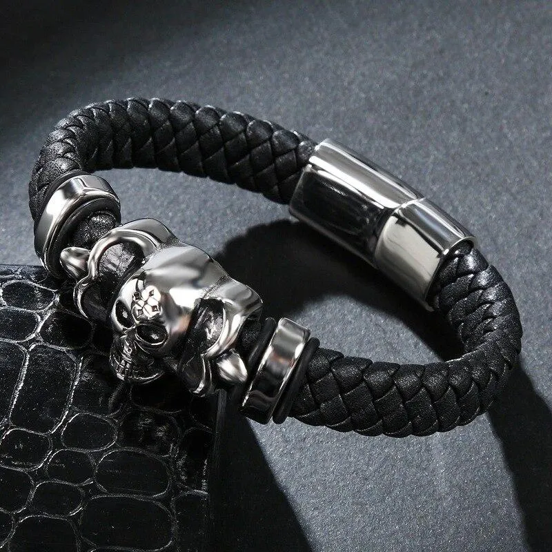 Black Braided Leather Stainless Steel Gothic Skull Bracelet