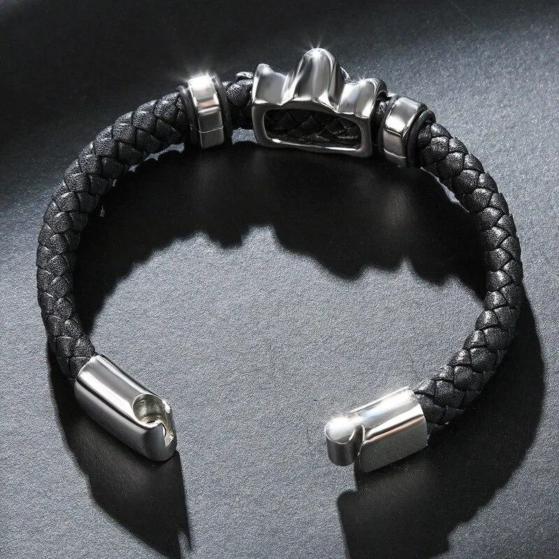 Black Braided Leather Stainless Steel Gothic Skull Bracelet