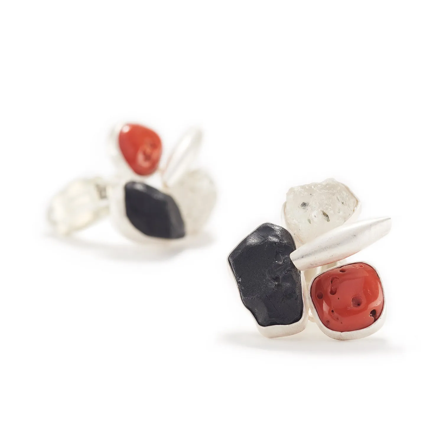 Black Tourmaline, Quartz, & Coral Earrings