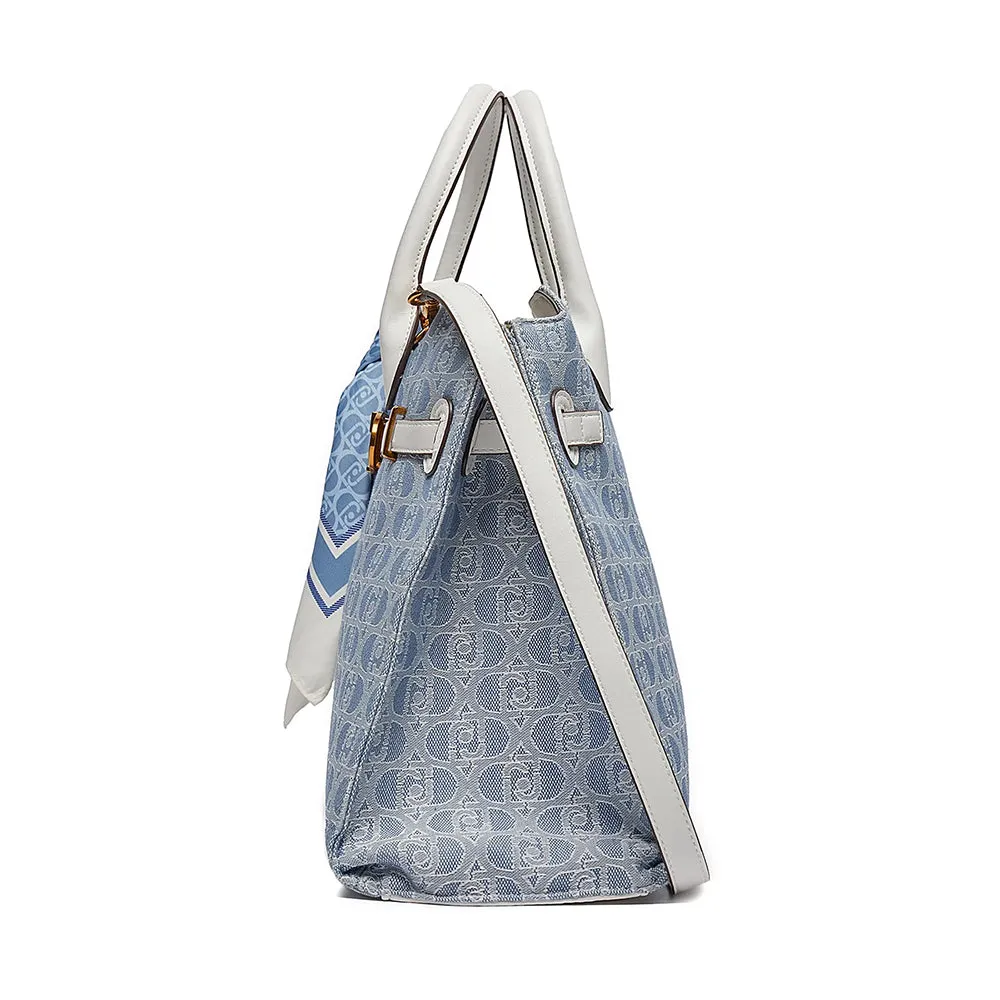 Borsa Donna Shopping a Mano LIU JO in Tessuto Jacquard Blue Denim con Foulard