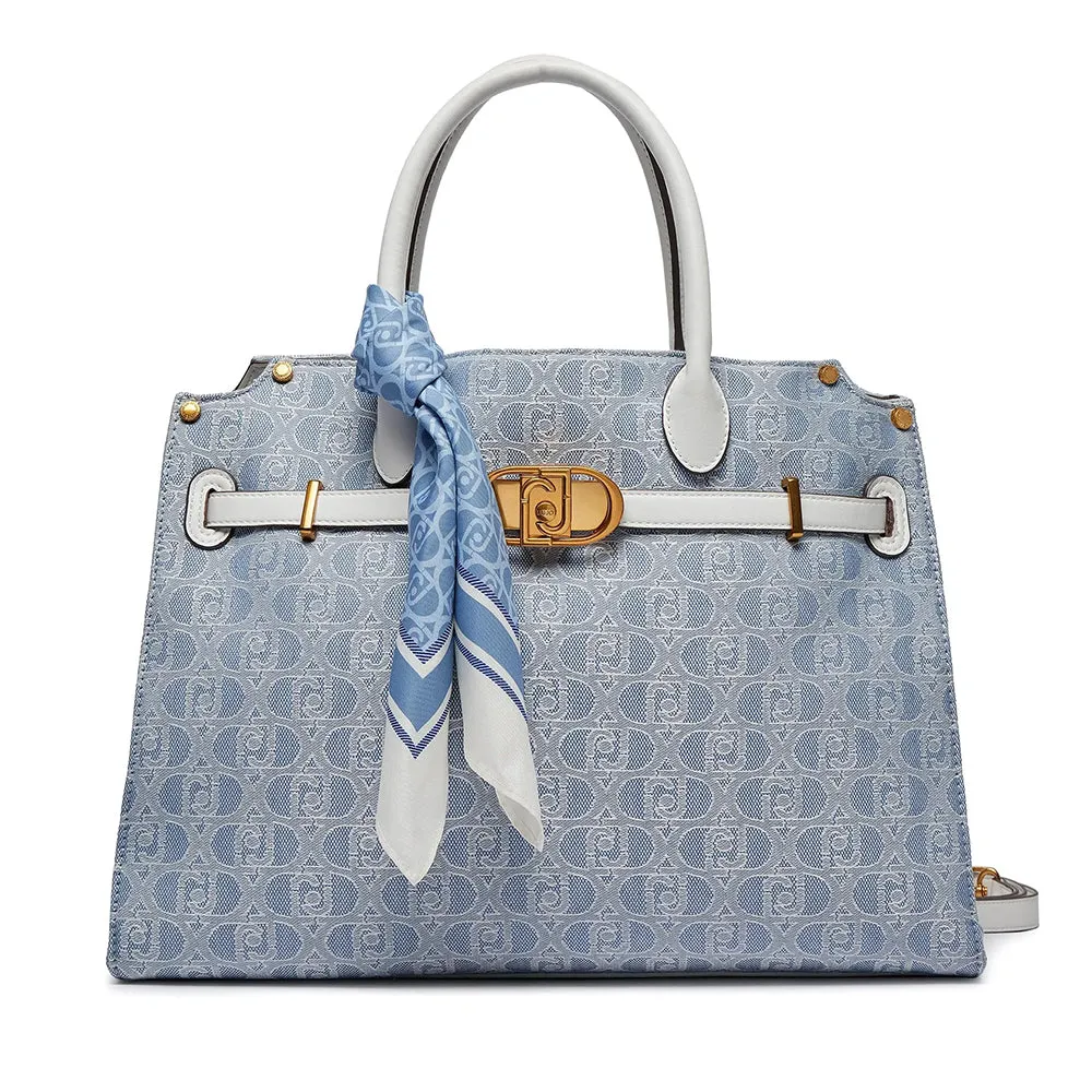 Borsa Donna Shopping a Mano LIU JO in Tessuto Jacquard Blue Denim con Foulard