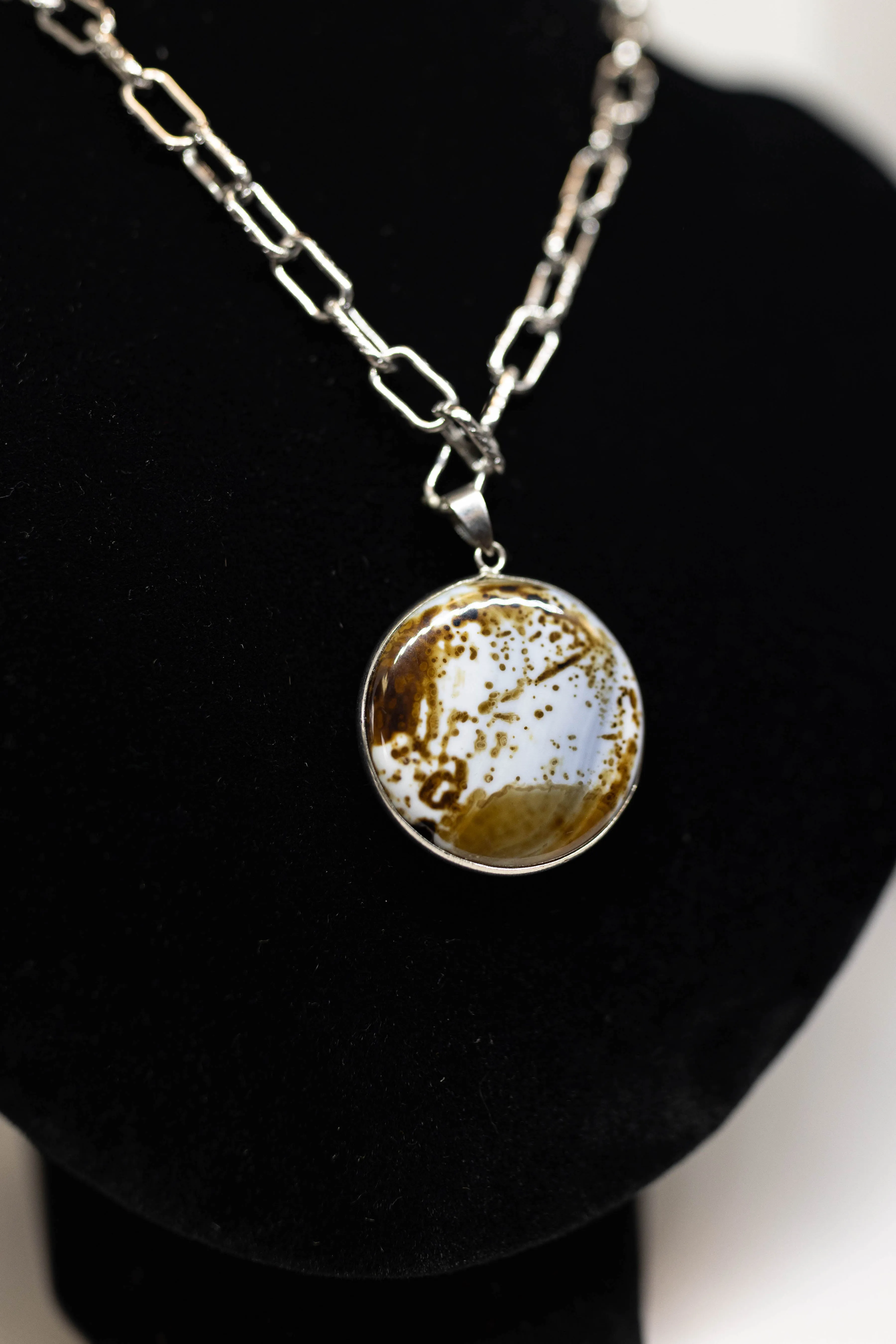 Brown and White Cow Print Round Agate Long Necklace on Silver Chain