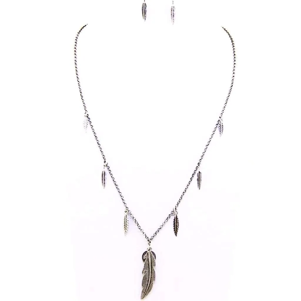 Burnished Silver Feather and Peace Sign Pendant Necklace