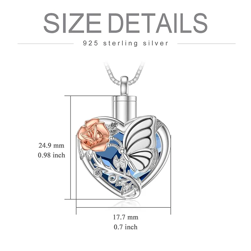 Butterfly Urn Necklace for Ashes Sterling Silver Cremation Necklace with Blue Heart Crystal Cremation Jewelry