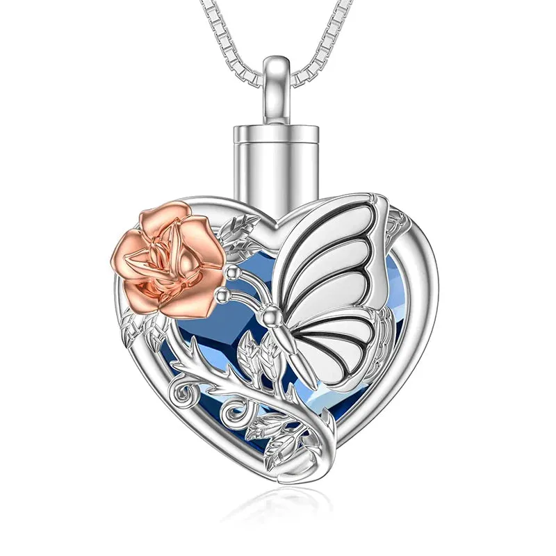 Butterfly Urn Necklace for Ashes Sterling Silver Cremation Necklace with Blue Heart Crystal Cremation Jewelry