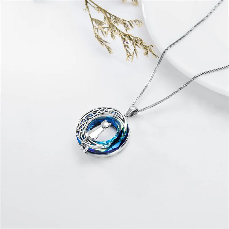 Cat Necklace Sterling Silver Cat on the Moon Pendant Necklace with Blue Circle Crystal Birthday Celtic Jewelry