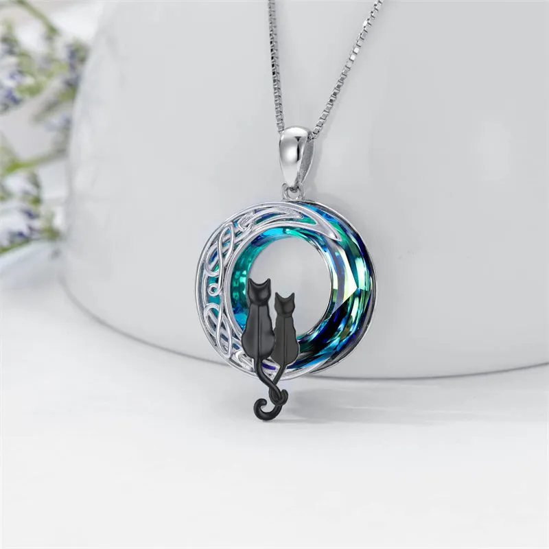 Cat Necklace Sterling Silver Cat on the Moon Pendant Necklace with Blue Circle Crystal Birthday Celtic Jewelry