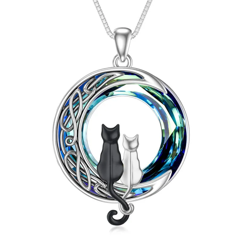 Cat Necklace Sterling Silver Cat on the Moon Pendant Necklace with Blue Circle Crystal Birthday Celtic Jewelry