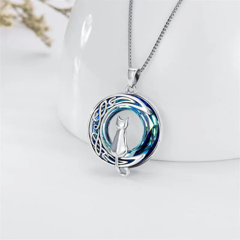 Cat Necklace Sterling Silver Cat on the Moon Pendant Necklace with Blue Circle Crystal Birthday Celtic Jewelry