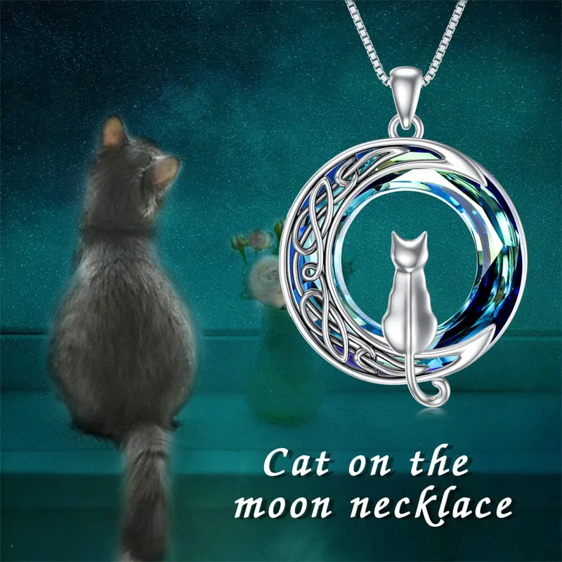 Cat Necklace Sterling Silver Cat on the Moon Pendant Necklace with Blue Circle Crystal Birthday Celtic Jewelry