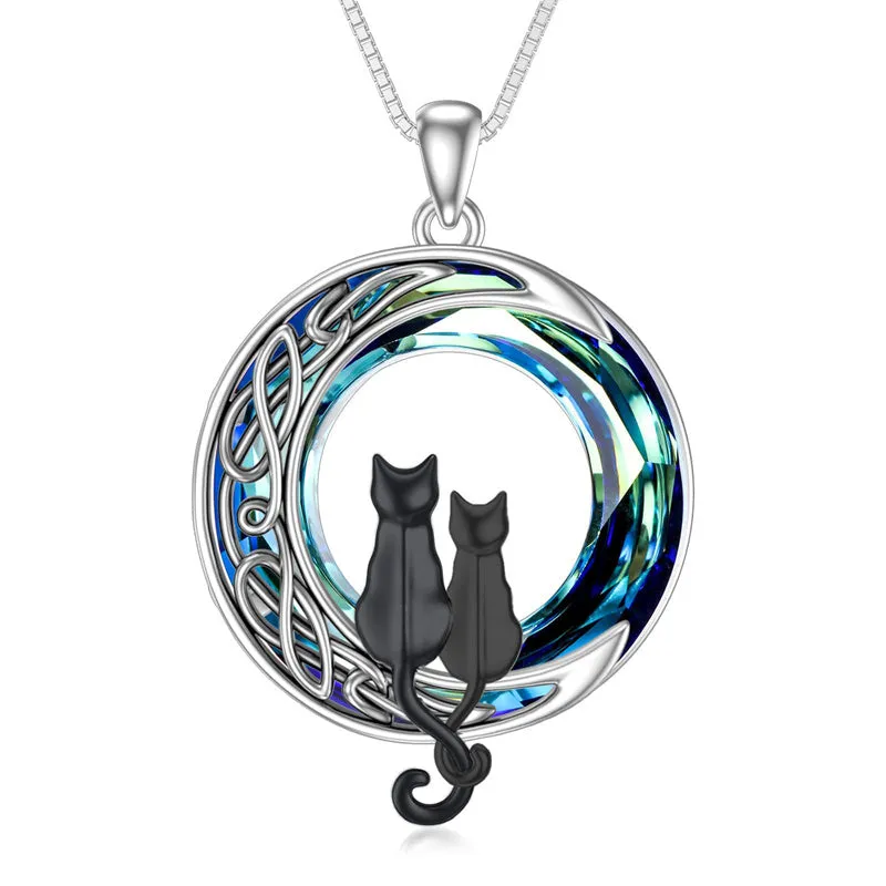 Cat Necklace Sterling Silver Cat on the Moon Pendant Necklace with Blue Circle Crystal Birthday Celtic Jewelry