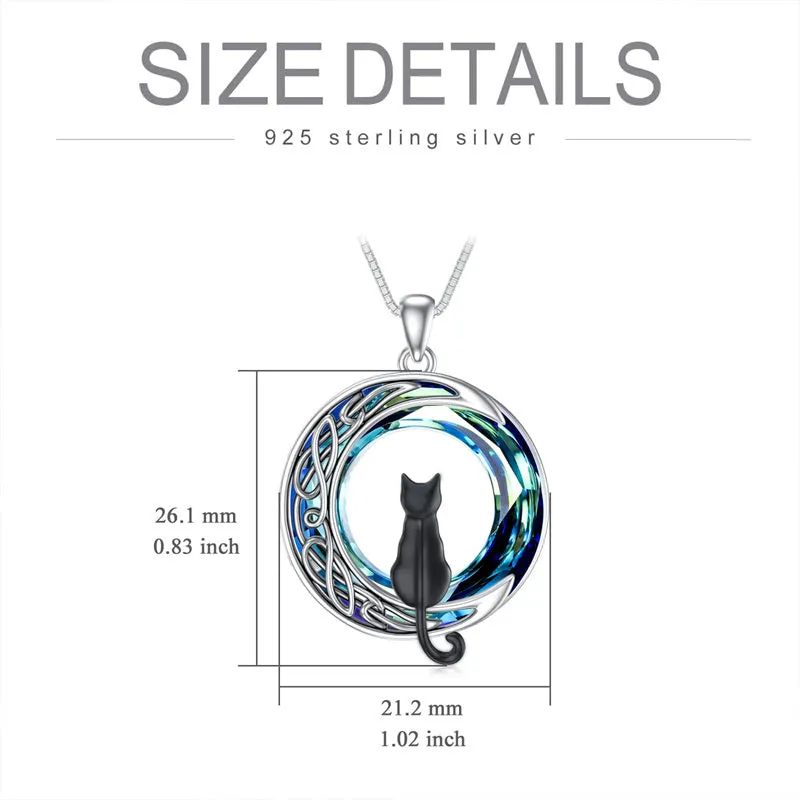 Cat Necklace Sterling Silver Cat on the Moon Pendant Necklace with Blue Circle Crystal Birthday Celtic Jewelry