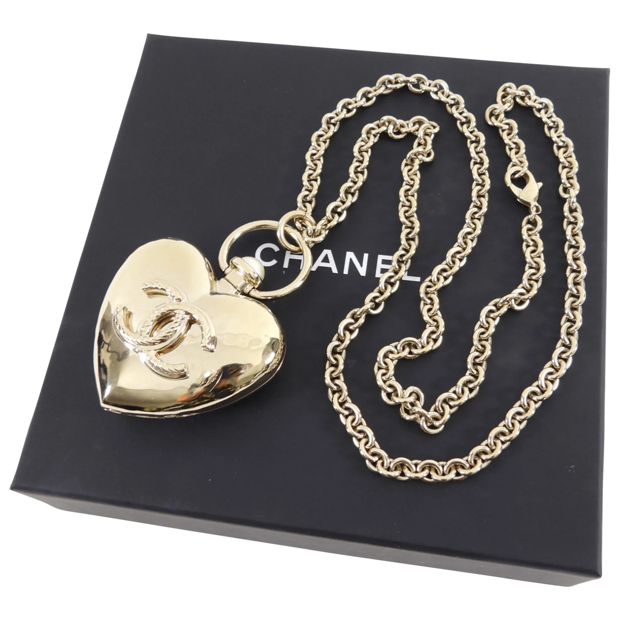 Chanel 22C Goldtone Pearl Puff Heart Locket Necklace