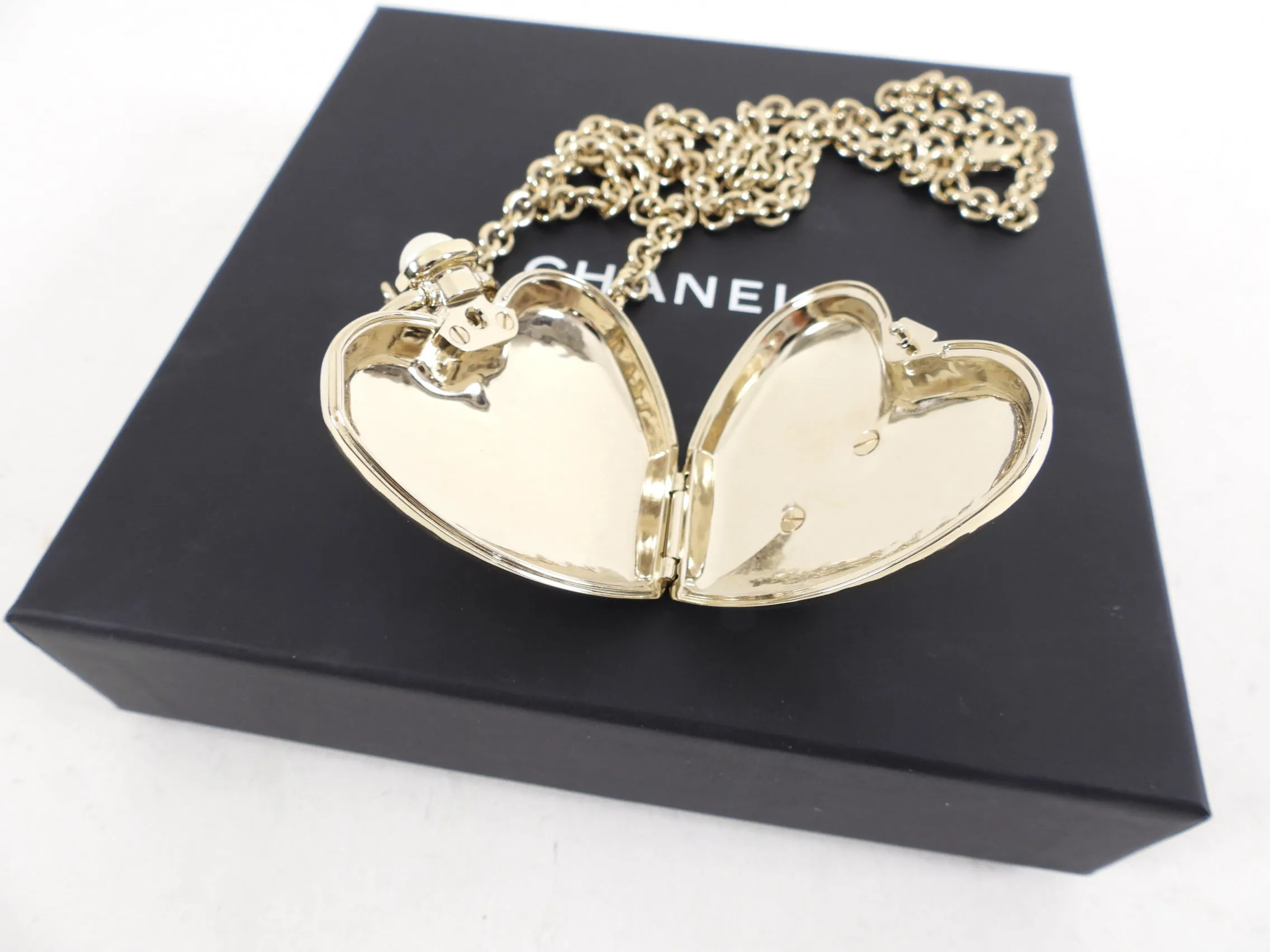 Chanel 22C Goldtone Pearl Puff Heart Locket Necklace