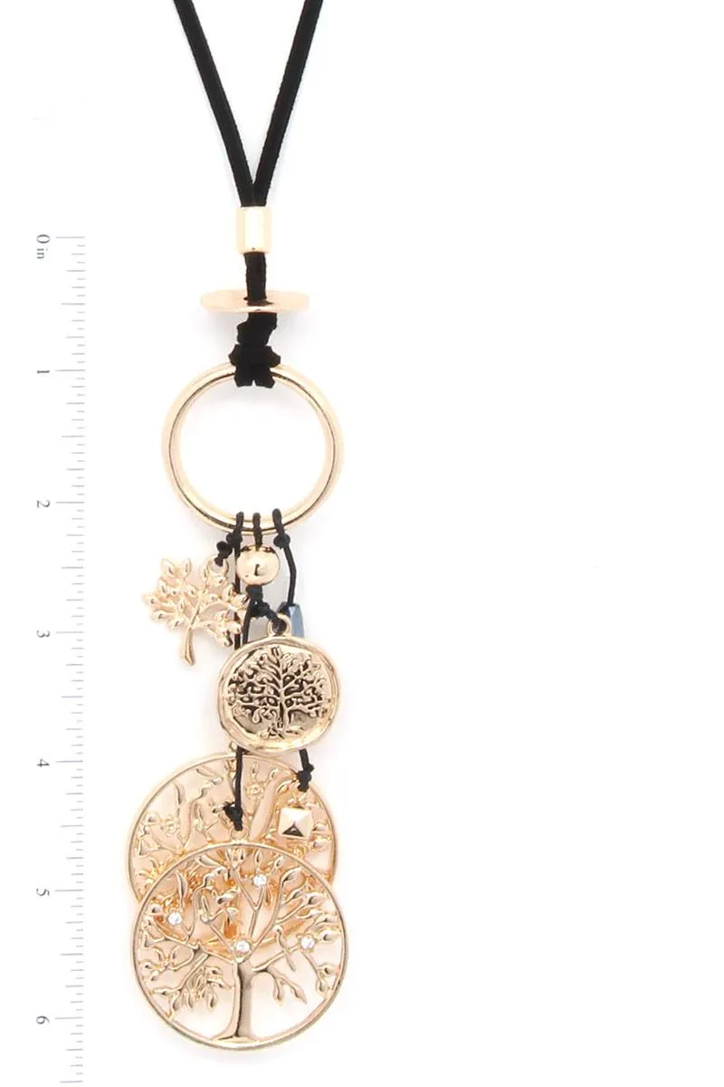 Cut Out Circle Oak Tree Charm Pendant Suede Necklace