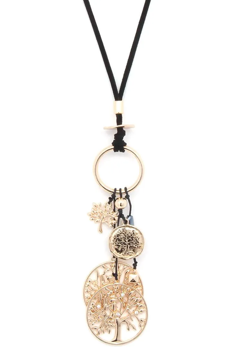 Cut Out Circle Oak Tree Charm Pendant Suede Necklace