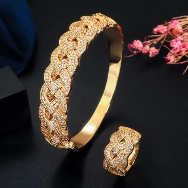 CWWZircons Luxury Big African CZ Bangle Bracelet Ring Sets Fashion Dubai Gold Silver Plated Jewelry for Women Party Wedding T373