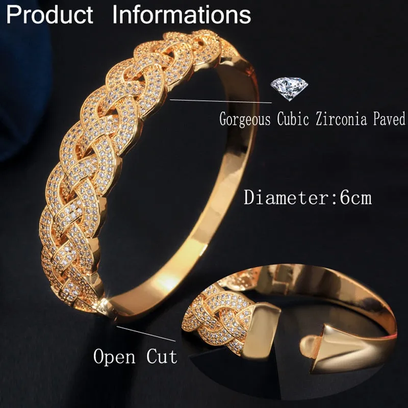 CWWZircons Luxury Big African CZ Bangle Bracelet Ring Sets Fashion Dubai Gold Silver Plated Jewelry for Women Party Wedding T373