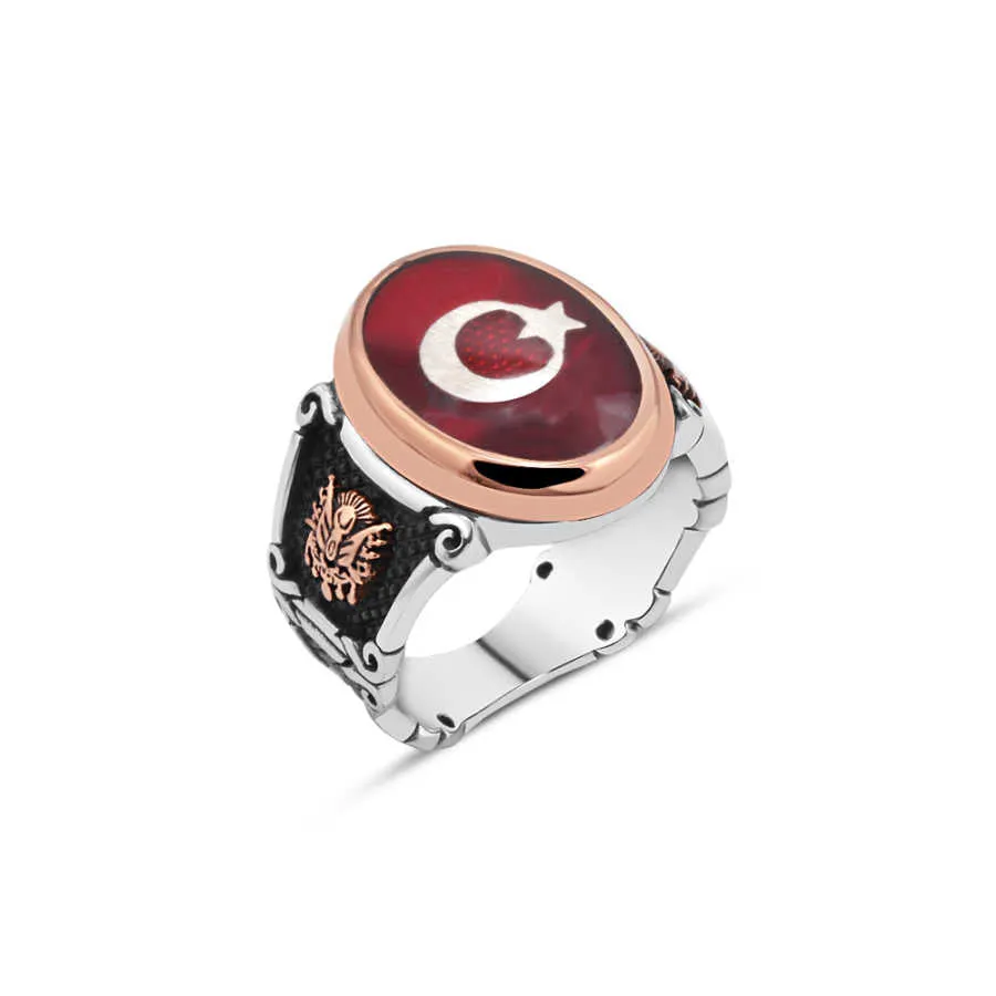 Enameled Turkish Flag Ellipse Silver Men’s Ring Siding Ottoman Coat of Arms