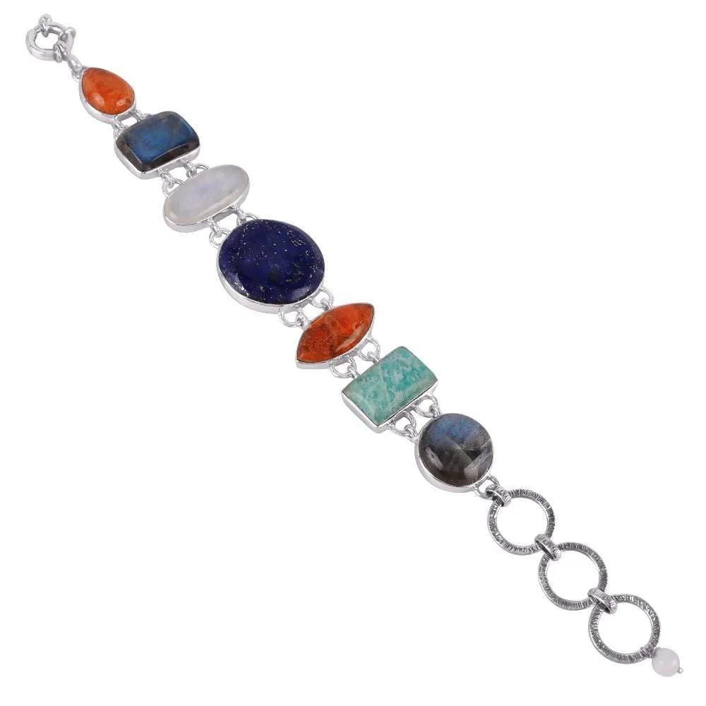 Genuine Blue Labradorite, Coral, Moonstone and Lapis Multi Stone Handcrafted 925 Sterling Silver Bracelet