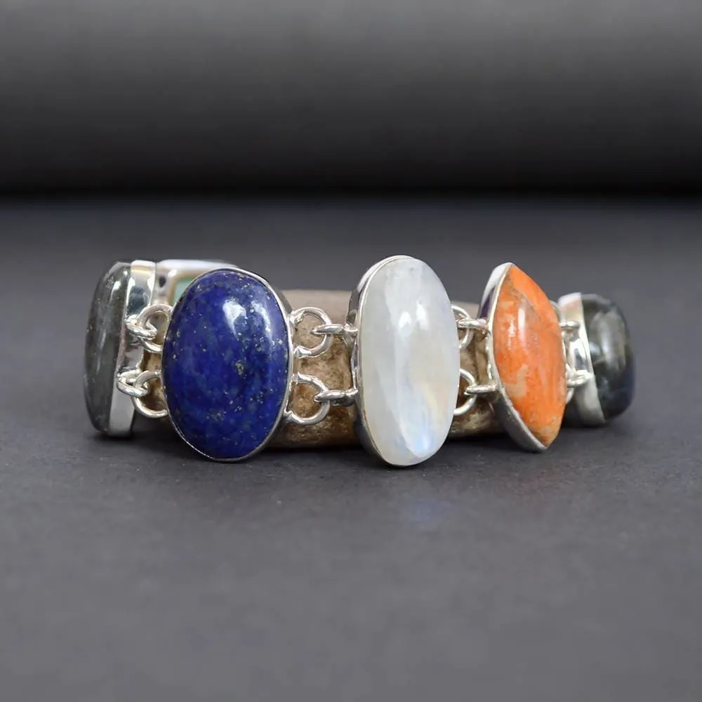 Genuine Blue Labradorite, Coral, Moonstone and Lapis Multi Stone Handcrafted 925 Sterling Silver Bracelet