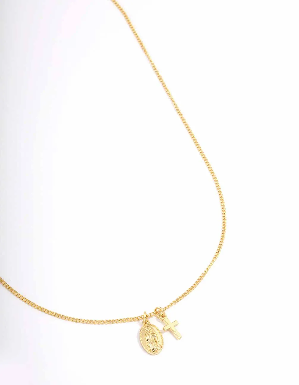 Gold Plated Mary Cross Charm Pendant Necklace